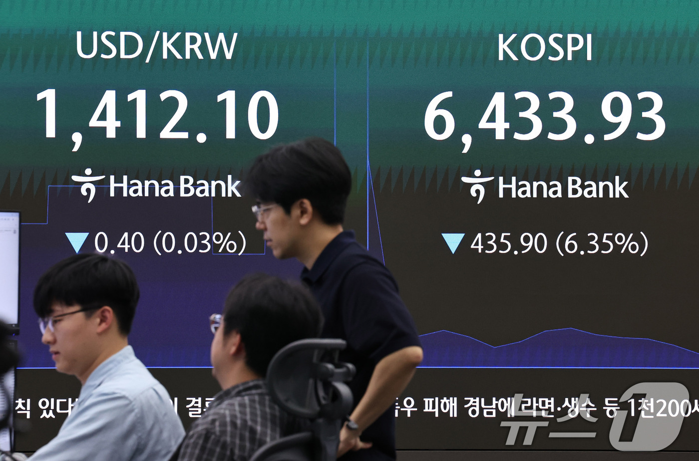 (서울=뉴스1) 구윤성 기자 = 19일 오전 서울 중구 하나은행 딜링룸 전광판에 코스피 지수가 나오고 있다. 이날 코스피는 341.06p(4.96%) 내린 6528.77로 개장했다 …