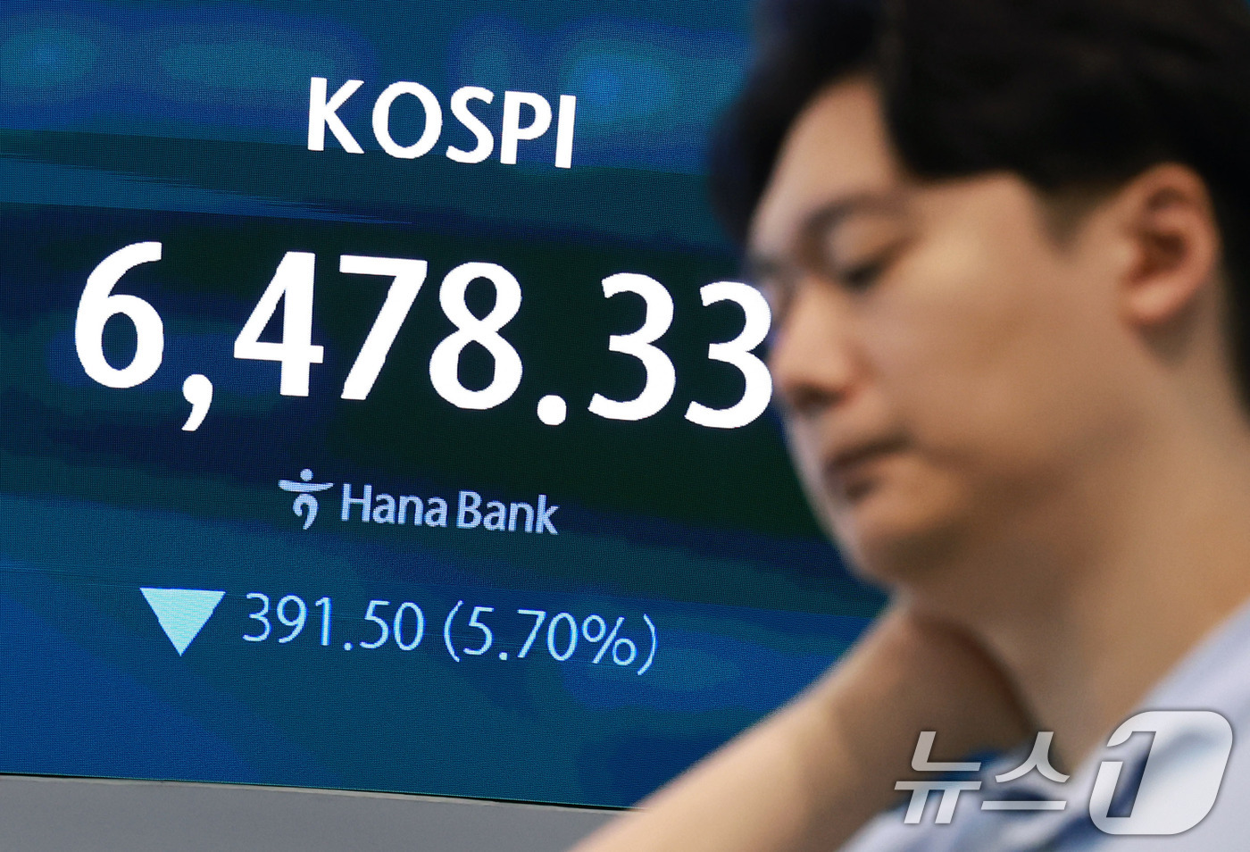 (서울=뉴스1) 구윤성 기자 = 19일 오전 서울 중구 하나은행 딜링룸 현황판에 코스피 등 시황이 표시되고 있다. 이날 코스피는 장 초반 5~6%대 하락세를 보이며 오전 9시 6분 …