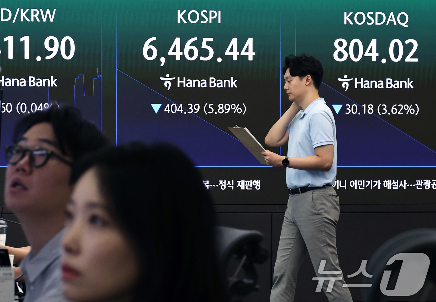 (서울=뉴스1) 구윤성 기자 = 19일 오전 서울 중구 하나은행 딜링룸 현황판에 코스피 등 시황이 표시되고 있다. 이날 코스피는 장 초반 5~6%대 하락세를 보이며 오전 9시 6분 …