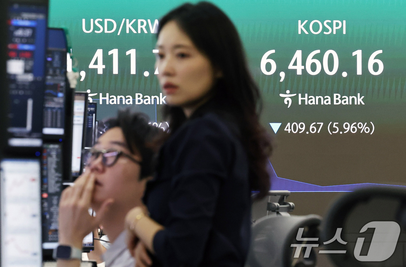 (서울=뉴스1) 구윤성 기자 = 19일 오전 서울 중구 하나은행 딜링룸 현황판에 코스피 등 시황이 표시되고 있다. 이날 코스피는 장 초반 5~6%대 하락세를 보이며 오전 9시 6분 …
