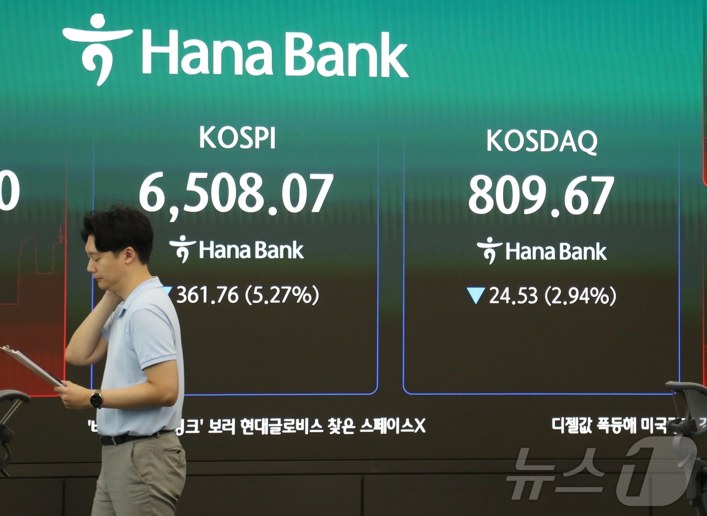 (서울=뉴스1) 김우진 수습기자 = 19일 오전 서울 중구 하나은행 본점 딜링룸 전광판에 코스피 지수가 나오고 있다. 이날 코스피는 341.06p(4.96%) 내린 6528.77로 …