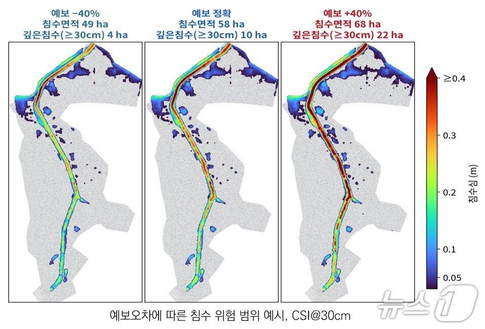 본문 이미지 - 예보오차 반영한 도시침수 예측결과 화면 예시. (ETRI 제공. 재판매 및 DB금지) 2026.8.19/뉴스1