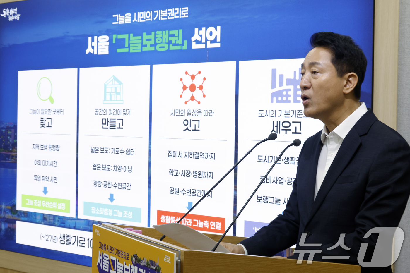 (서울=뉴스1) 박정호 기자 = 오세훈 서울시장이 19일 오전 서울시 중구 서울시청에서 서울 그늘보행권 선언 기자설명회를 하고 있다.서울시는 기록적인 폭염에도 시민이 집을 나서는 …