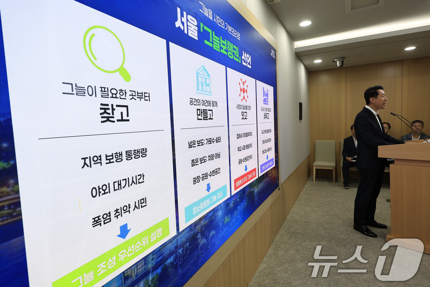 (서울=뉴스1) 박정호 기자 = 오세훈 서울시장이 19일 오전 서울시 중구 서울시청에서 서울 그늘보행권 선언 기자설명회를 하고 있다.서울시는 기록적인 폭염에도 시민이 집을 나서는 …