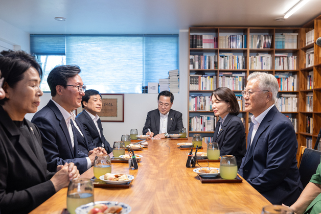 文 전 대통령과 대화 나누는 김민석 대표