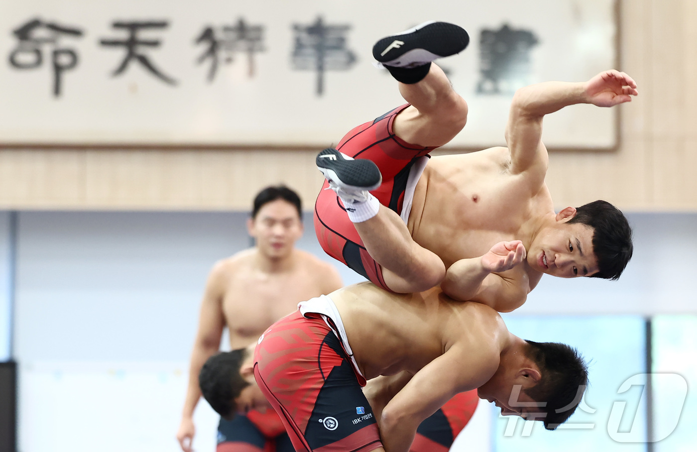 (진천=뉴스1) 김민지 기자 = 19일 오후 진천 국가대표선수촌에서 열린 대한민국 레슬링 국가대표 미디어데이 공개 훈련에서 김성권, 윤준식 등 선수들이 구슬땀을 흘리고 있다. 20 …