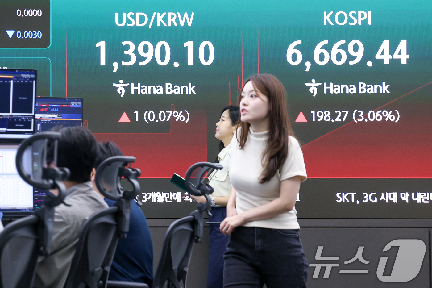 (서울=뉴스1) 안은나 기자 = 20일 오전 서울 중구 하나은행 딜링룸 전광판에 코스피, 코스닥 지수, 달러·원 환율 개장 후 시황이 나오고 있다. 2026.8.20/뉴스1