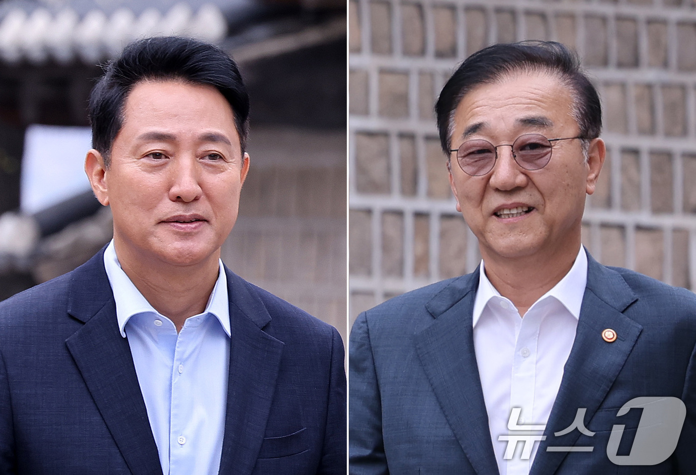 (서울=뉴스1) 박지혜 기자 = 김윤덕 국토교통부 장관(오른쪽)과 오세훈 서울시장이 20일 서울 중구 정동에서 서울 주택 공급 방안을 논의하기 위한 회동 장소로 이동하고 있다.이번 …