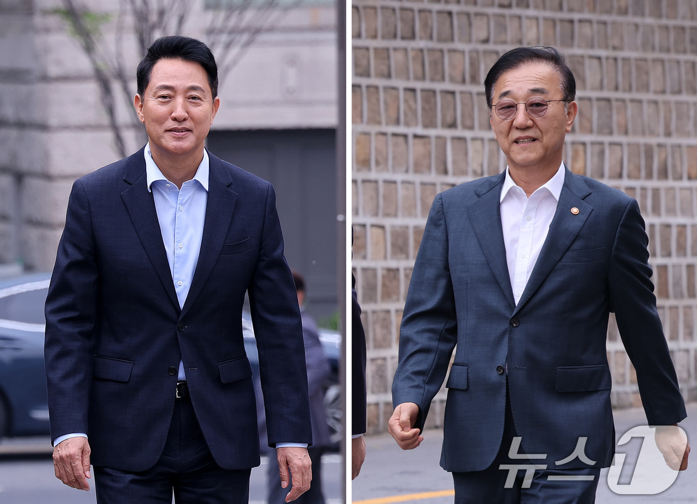 (서울=뉴스1) 박지혜 기자 = 김윤덕 국토교통부 장관(오른쪽)과 오세훈 서울시장이 20일 서울 중구 정동에서 서울 주택 공급 방안을 논의하기 위한 회동 장소로 이동하고 있다.이번 …