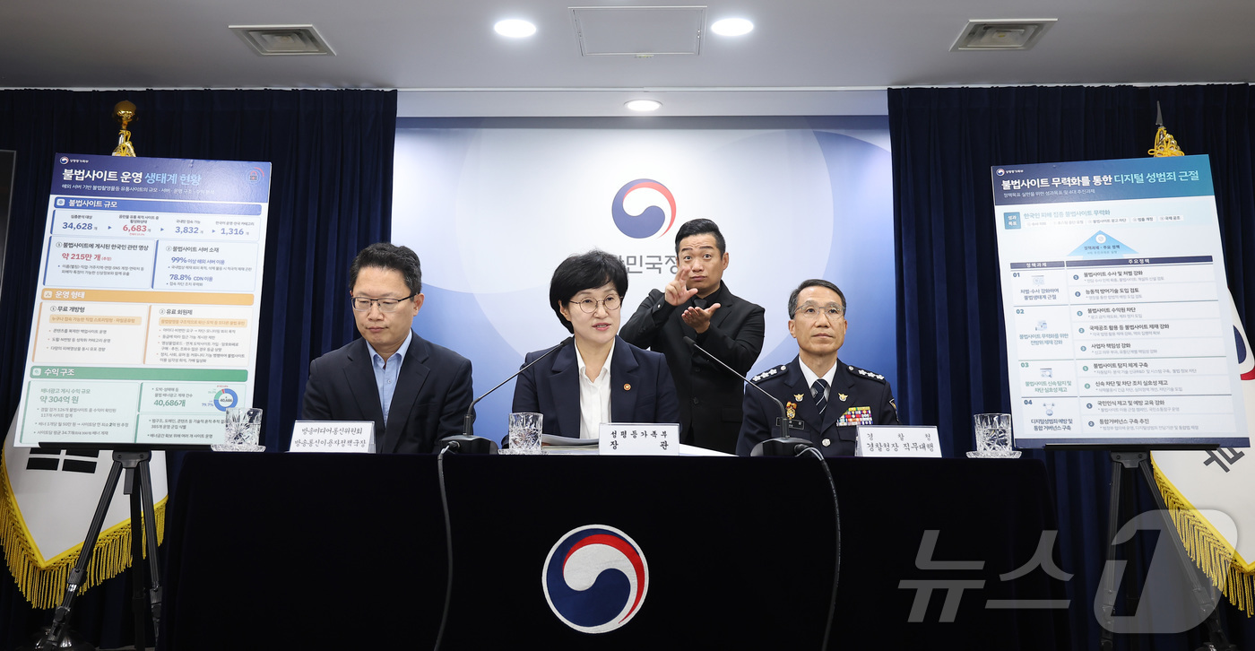 (서울=뉴스1) 김성진 기자 = 원민경 성평등가족부 장관이 20일 서울 종로구 정부서울청사에서 불법촬영물 등 유통 사이트 심층분석을 위한 관계부처 합동 불법사이트 통합 대응 방안 …