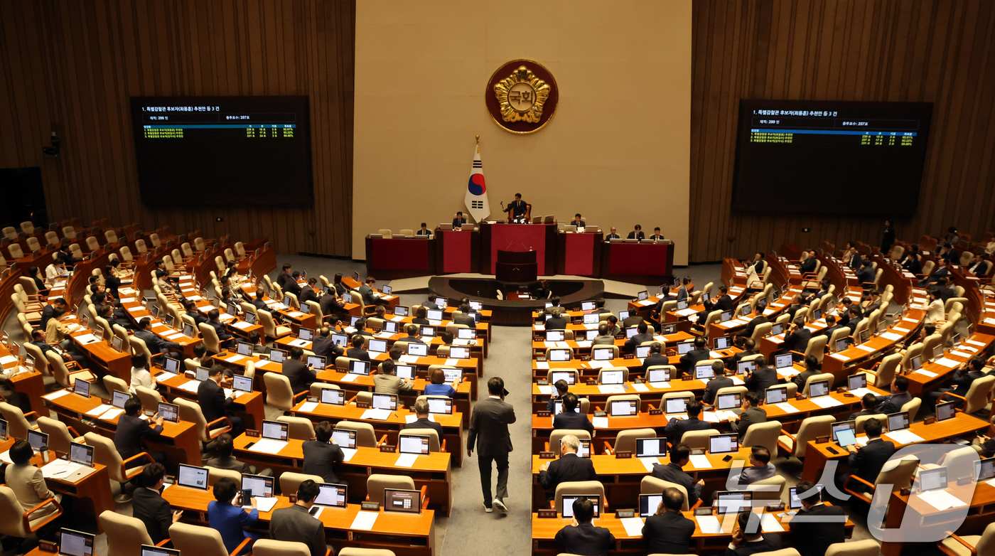 (서울=뉴스1) 황기선 기자 = 20일 오후 서울 여의도 국회에서 열린 제438회 국회(임시회) 제1차 본회의에서 특별감찰관 후보자(최용훈·최길수·강지식) 추천안이 의결되고 있다. …