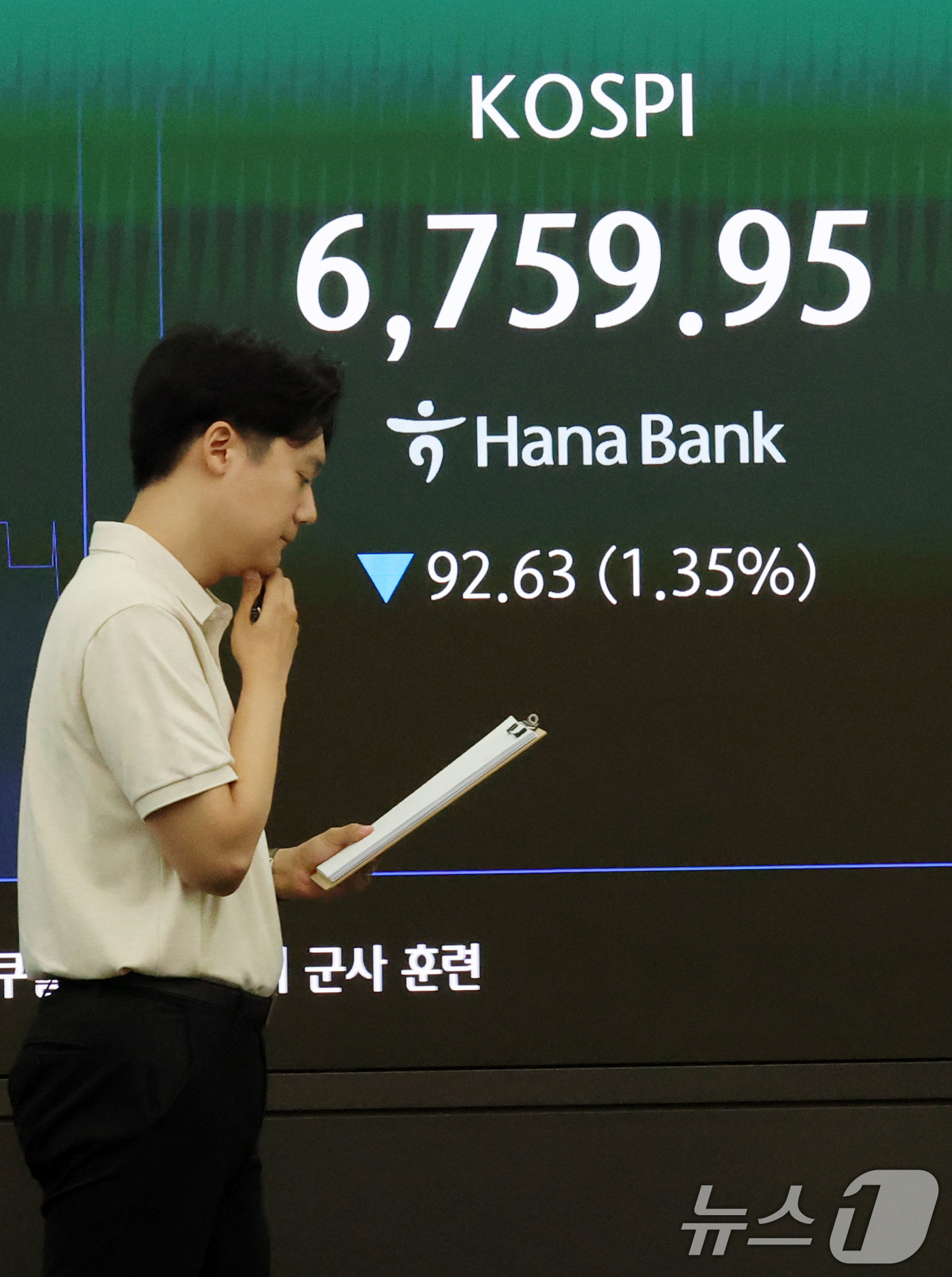 (서울=뉴스1) 박세연 기자 = 21일 오전 서울 중구 하나은행 본점 딜링룸 전광판에 코스피 시세가 표시되고 있다. 이날 코스피는 전일대비 1.35%내린 6759.95에 거래를 시 …