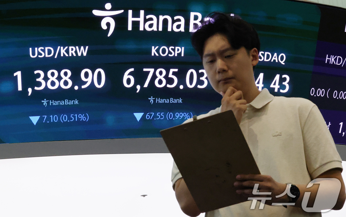 (서울=뉴스1) 박세연 기자 = 21일 오전 서울 중구 하나은행 본점 딜링룸 전광판에 코스피와 원달러 환율 시세가 표시되고 있다. 이날 코스피는 전일대비 1.35%내린 6759.9 …