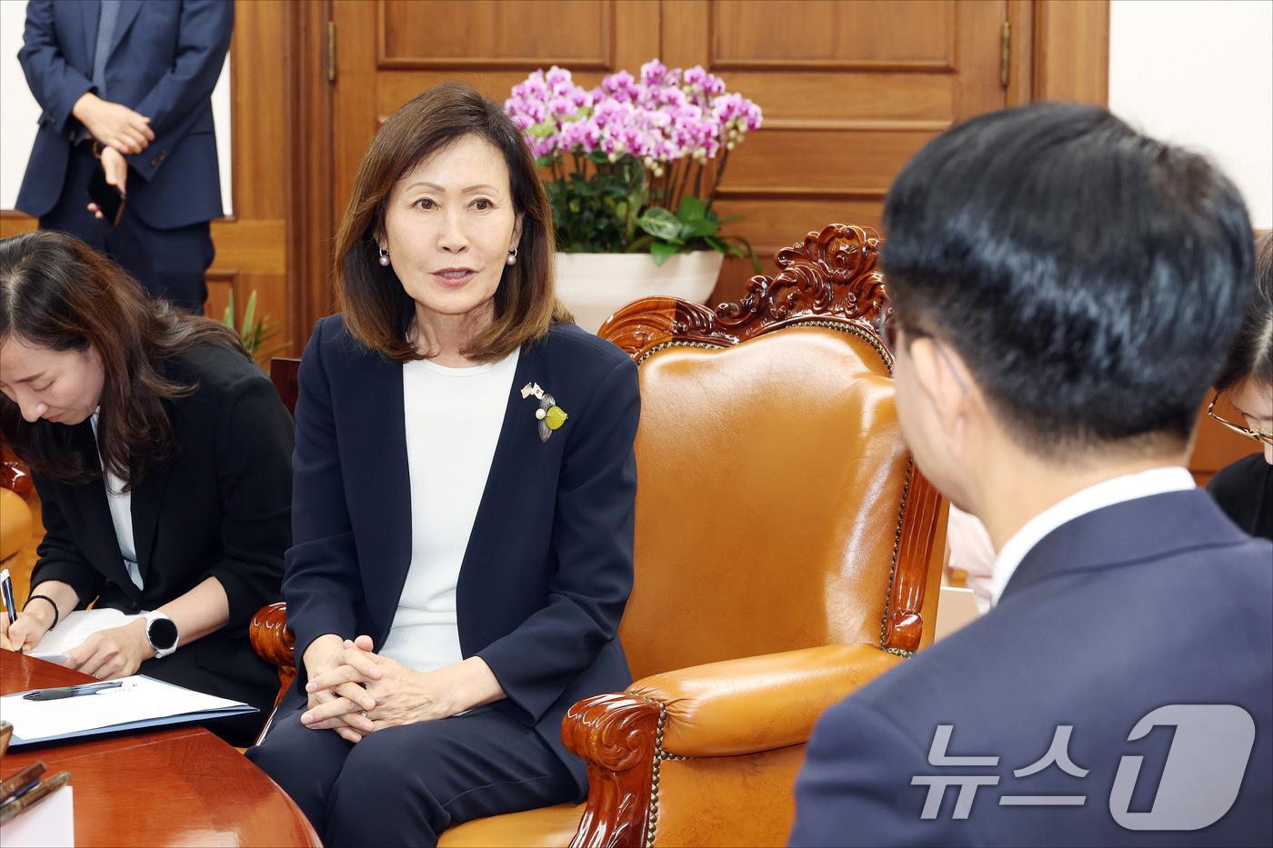 (서울=뉴스1) 국회사진기자단 = 미셸 스틸 주한미국대사가 21일 오후 서울 여의도 국회에서 열린 조정식 국회의장과의 접견에서 인사말을 하고 있다. 2026.8.21/뉴스1