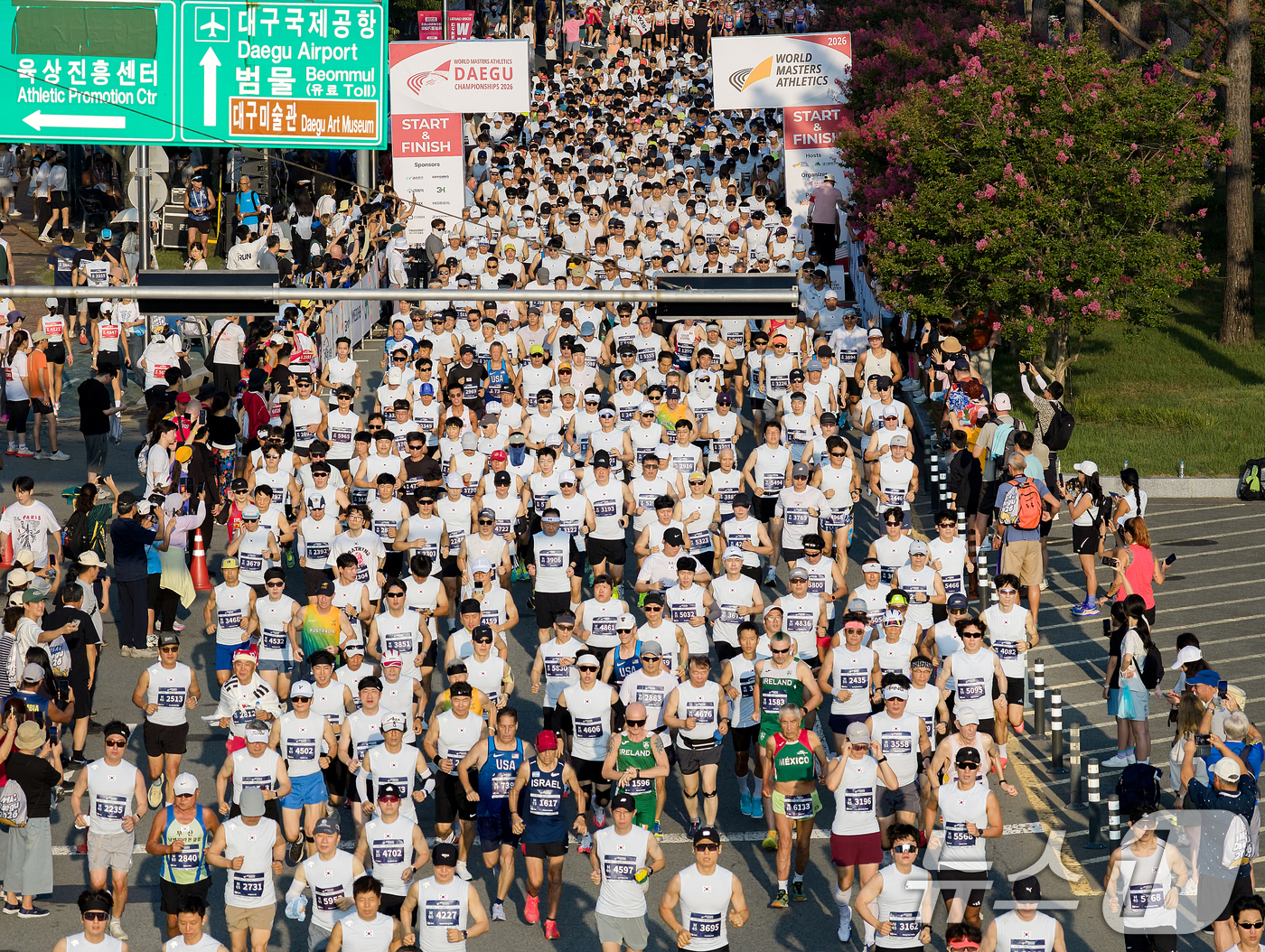 (대구=뉴스1) 공정식 기자 = 23일 오전 대구 수성구 삼덕동 대구육상진흥센터 앞에서 열린 '대구세계마스터즈육상경기대회' 남자 10㎞ 달리기 종목에 출전한 선수들이 힘차게 출발하 …
