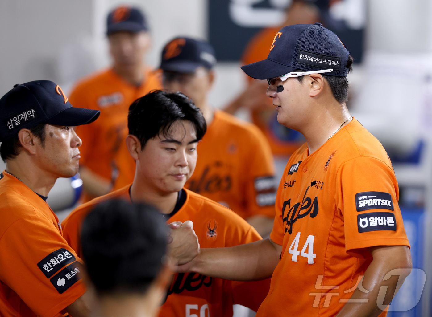 (대전=뉴스1) 김기남 기자 = 23일 대전 한화생명볼파크에서 열린 2026 신한 SOL KBO리그 LG 트윈스와 한화 이글스의 경기에서 한화 김서현이 7회초 투구를 마친 뒤 박승 …