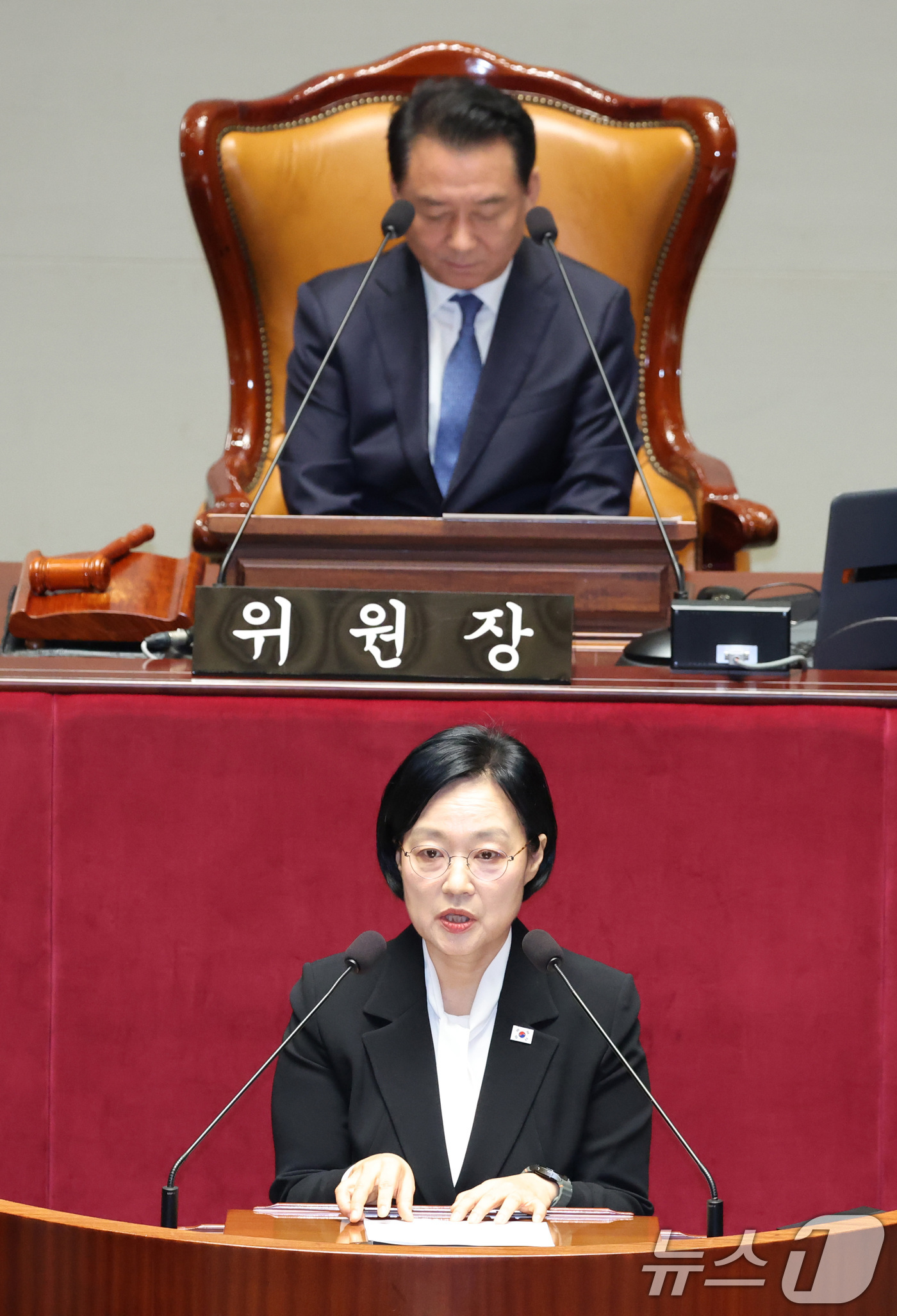 (서울=뉴스1) 신웅수 기자 = 한성숙 국무총리가 24일 서울 여의도 국회에서 열린 예산결산특별위원회 전체회의에서 발언하고 있다. 2026.8.24/뉴스1