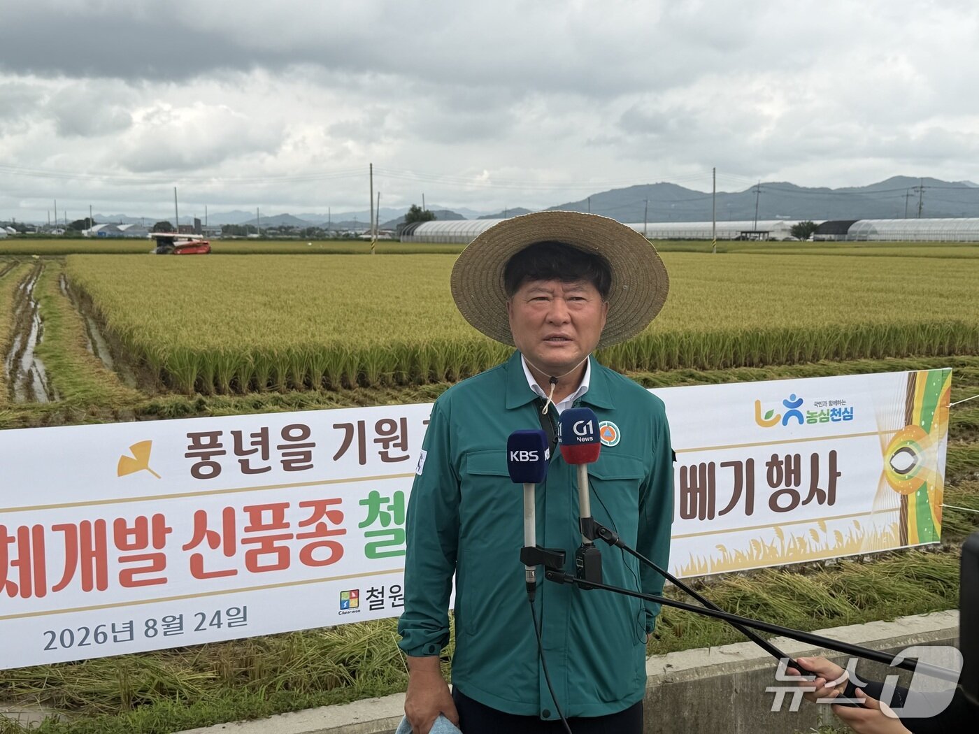 본문 이미지 -  24일 오전 강원 철원 동송읍 이평리에서 진행된 신품종 ‘철기50’을 수확 현장에서 김동일 철원군수가 기자들과 인터뷰를 하고 있다. 2026.8.24 ⓒ 뉴스1 한귀섭 기자