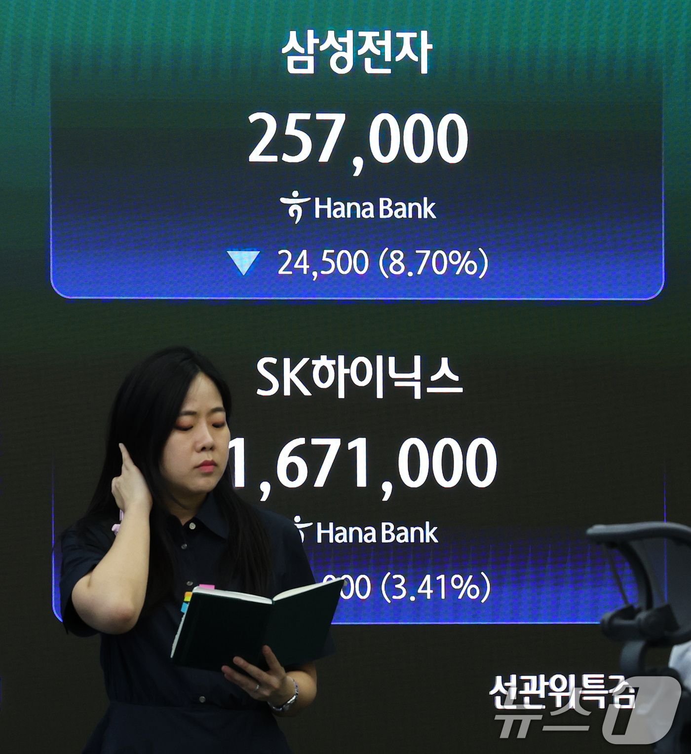 (서울=뉴스1) 오대일 기자 = 24일 오후 서울 중구 하나은행 본점 딜링룸 전광판에 삼성전자와 SK하이닉스 종가가 표시되고 있다.이날 코스피는 전 거래일 대비 3.12% 내린 6 …