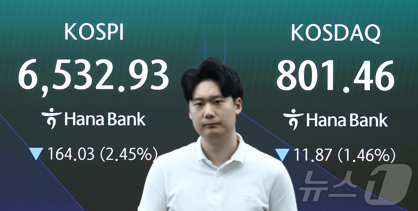 (서울=뉴스1) 김민지 기자 = 25일 오전 서울 중구 하나은행 본점 딜링룸 전광판에 코스피 등 개장 시황이 나오고 있다.코스피는 전장 대비 161.03포인트(2.40%) 하락한 …