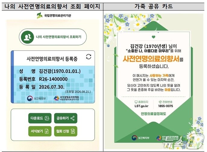 본문 이미지 - 나의 사전연명의료의향서 조회 페이지(왼쪽), 가족 공유 카드.(보건복지부 제공)