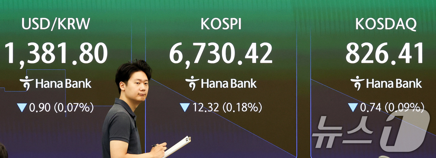 (서울=뉴스1) 최지환 기자 = 26일 오전 서울 중구 하나은행 본점 딜링룸 전광판에 증시 시황이 표시되어 있다.이날 코스피는 전 거래일 대비 15.49p(0.23%) 하락한 67 …