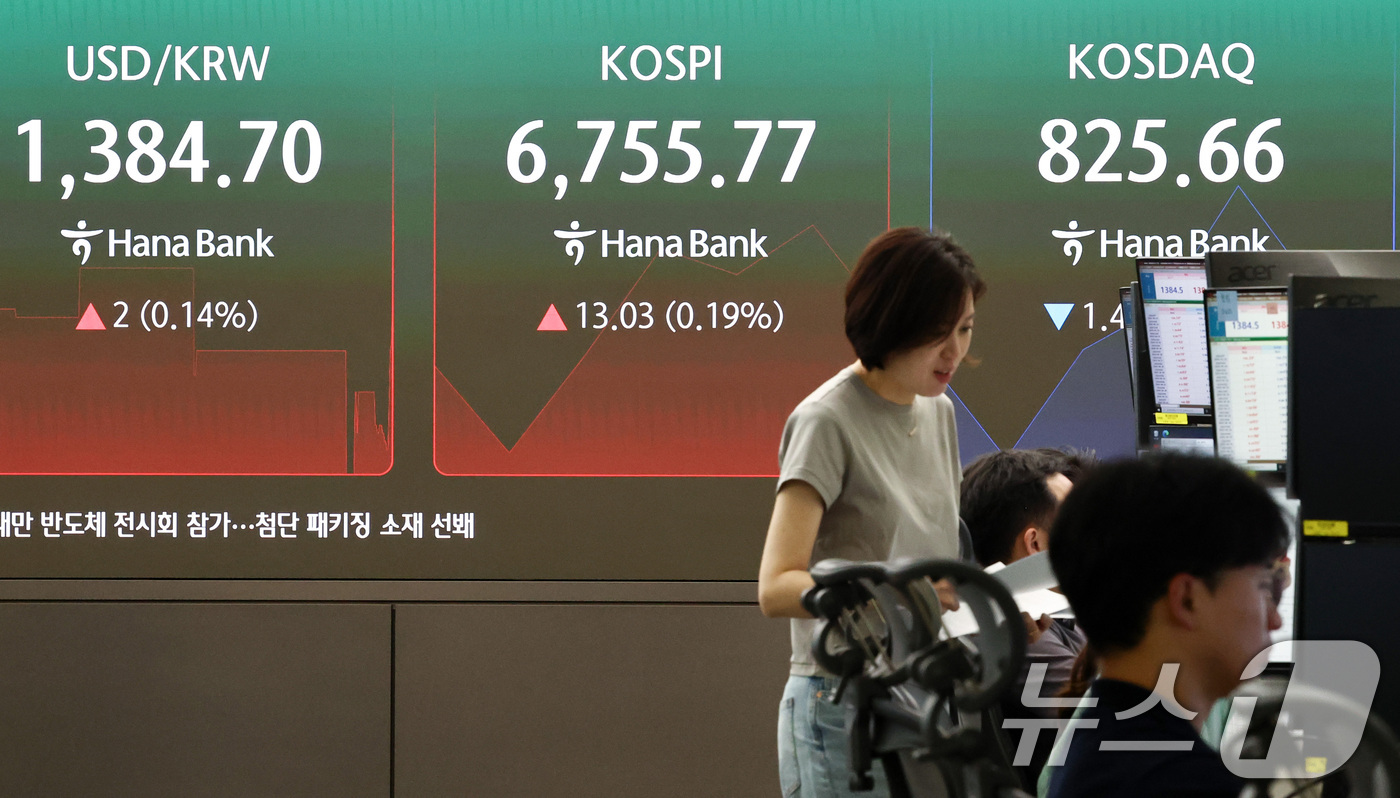 (서울=뉴스1) 최지환 기자 = 26일 오전 서울 중구 하나은행 본점 딜링룸 전광판에 증시 시황이 표시되어 있다.이날 코스피는 전 거래일 대비 15.49p(0.23%) 하락한 67 …