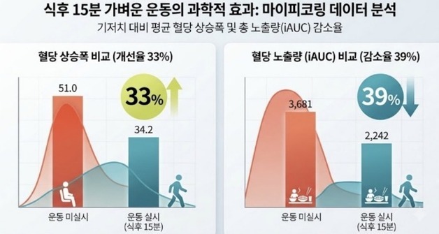 밥 먹고 15분 안에 움직였더니…혈당 상승폭 33% 줄었다