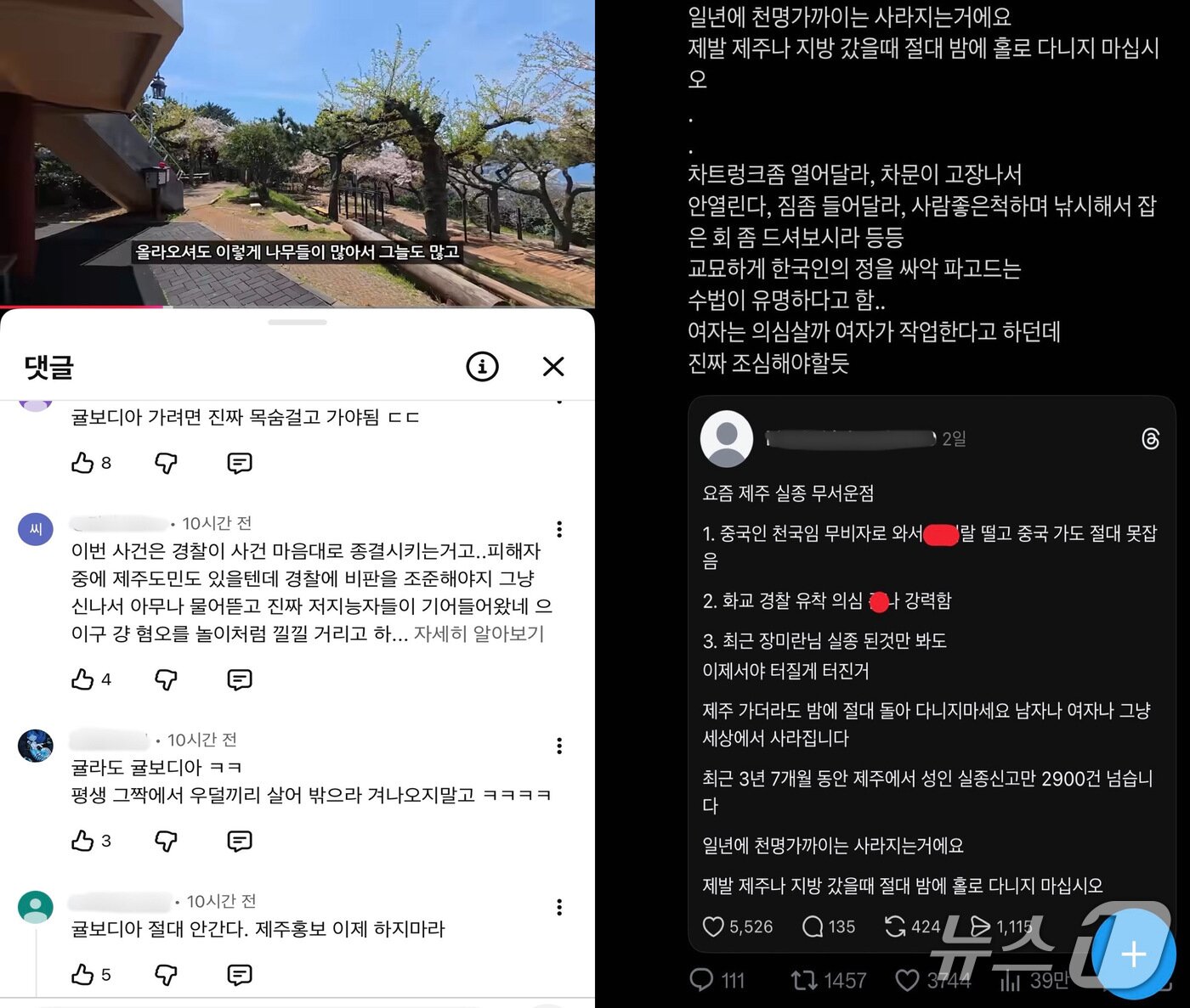 본문 이미지 - 제주 도민 유튜버 '뭐랭하맨'의 최근 제주 여행 동영상 댓글창에 올라온 제주 지역 혐오성 댓글과 이를 지적하는 댓글(왼쪽). 제주 경찰의 장미란 씨 실종 사건 허위 종결과 관련해 특정 국가의 범죄 연루 의혹을 제기하는 스레드 게시물을 공유한 엑스 게시물(유튜브 채널 '뭐랭하맨'과 엑스 갈무리)
