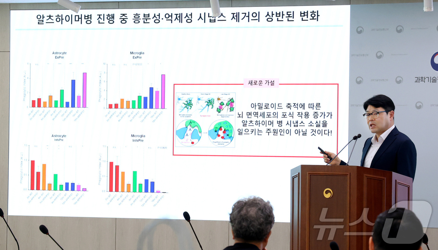 (세종=뉴스1) 김기남 기자 = 정원석 기초과학연구원(IBS) 혈관연구단 부단장이 지난 26일 세종시 정부세종청사에서 알츠하이머 초기질환 진행 촉발하는 새로운 흥분성 신경세포 및 …