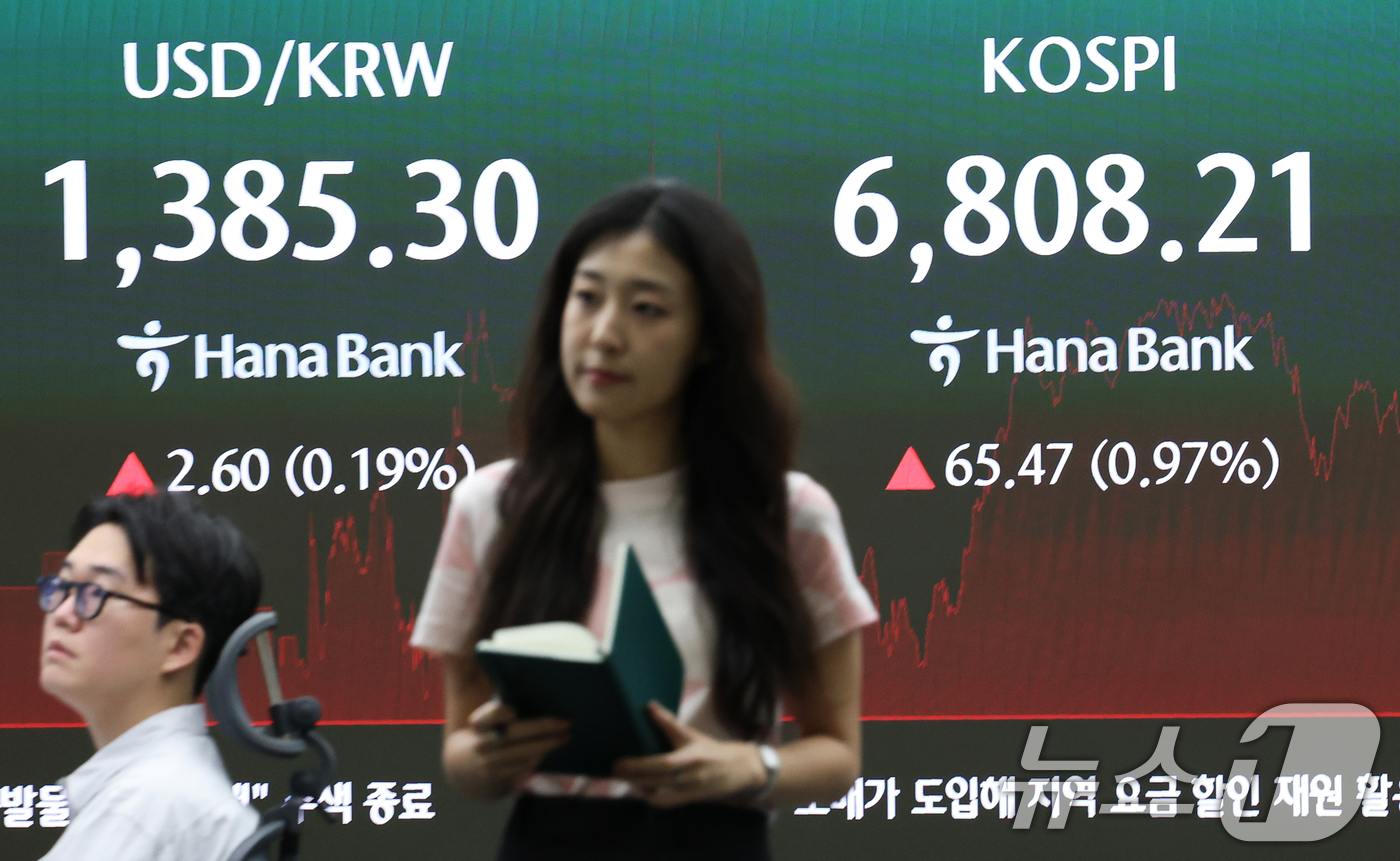(서울=뉴스1) 오대일 기자 = 26일 오후 서울 중구 하나은행 본점 딜링룸 전광판에 코스피 등 종가가 표시되고 있다. 이날 코스피는 전 거래일 대비 0.97% 상승한 6,808. …