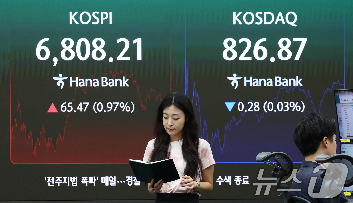 (서울=뉴스1) 오대일 기자 = 26일 오후 서울 중구 하나은행 본점 딜링룸 전광판에 코스피 등 종가가 표시되고 있다. 이날 코스피는 전 거래일 대비 0.97% 상승한 6,808. …