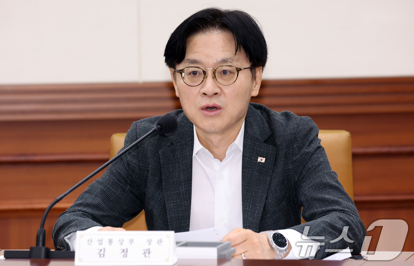 (서울=뉴스1) 김명섭 기자 = 김정관 산업통상부 장관이 27일 서울 종로구 세종대로 정부서울청사에서 열린 제273차 대외경제장관회의에서 모두 발언을 하고 있다. 이날 참석자들은 …
