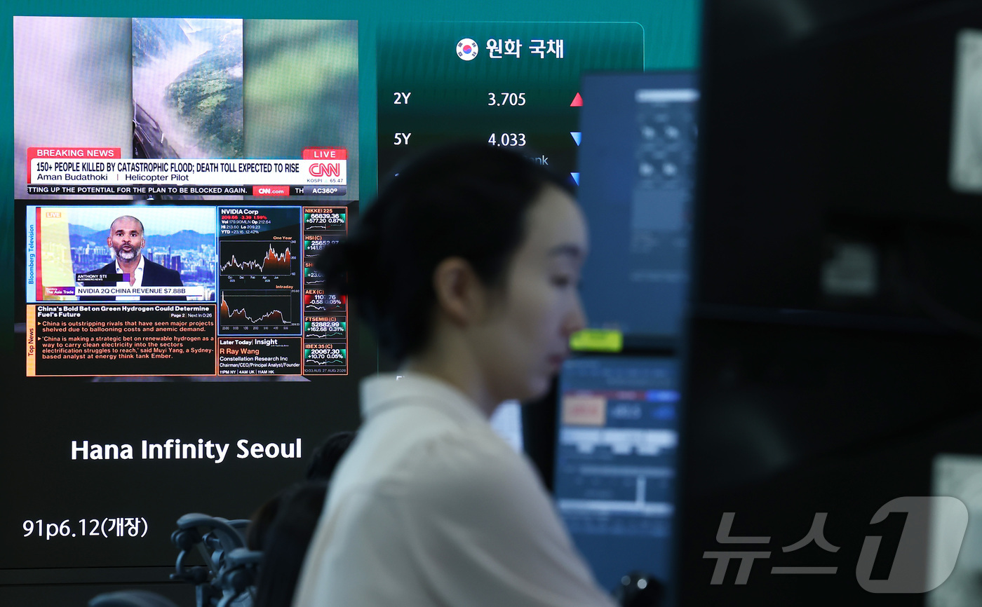 (서울=뉴스1) 김민지 기자 = 27일 오전 서울 중구 하나은행 딜링룸 전광판에 네팔 대규모 홍수 관련 뉴스가 나오고 있다.이날 코스피는 187.91p(2.76%) 오른 9669. …