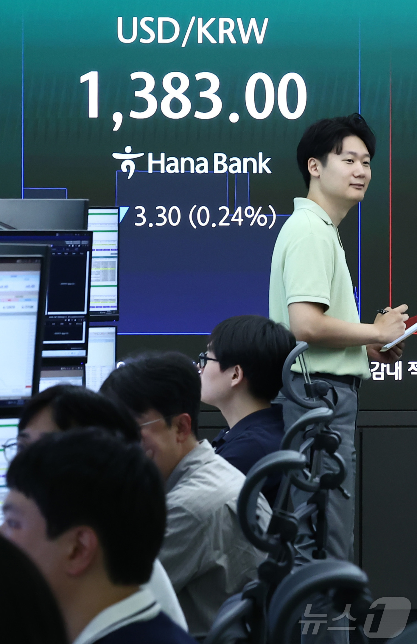 (서울=뉴스1) 김민지 기자 = 27일 오전 서울 중구 하나은행 딜링룸 전광판에 원·달러 환율이 나오고 있다.이날 코스피는 187.91p(2.76%) 오른 9669.12, 코스닥은 …