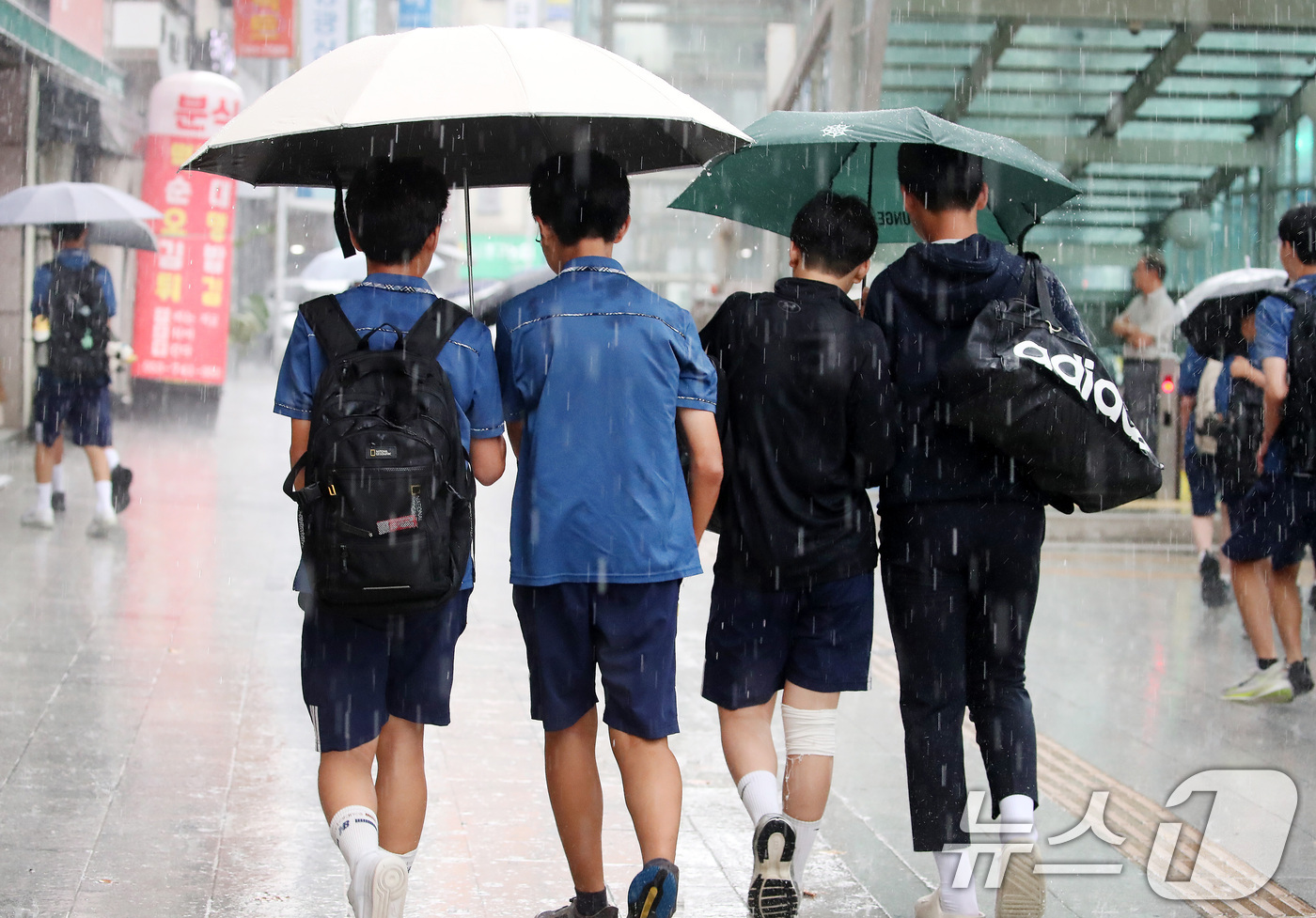 (대구=뉴스1) 공정식 기자 = 27일 오후 대구 수성구 달구벌대로 담티고개 인근에 천둥번개를 동반한 비가 내리자 하굣길 학생들이 우산으로 비를 피하며 발걸음을 재촉하고 있다. 2 …