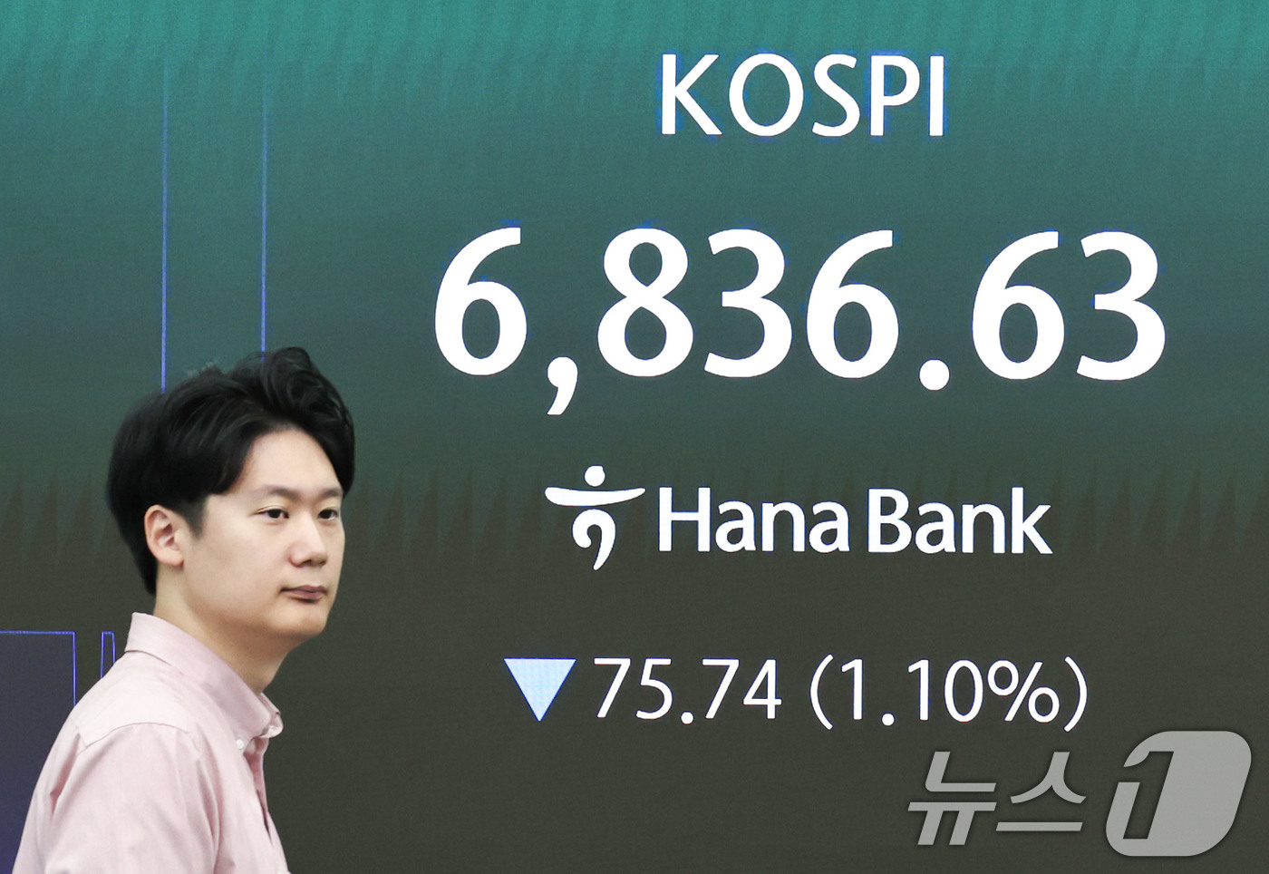 (서울=뉴스1) 이종수 기자 = 28일 오전 서울 중구 하나은행 딜링룸 전광판에 코스피 지수 등 시황이 표시되고 있다. 이날 코스피는 전 거래일(6912.37) 대비 0.95%(6 …