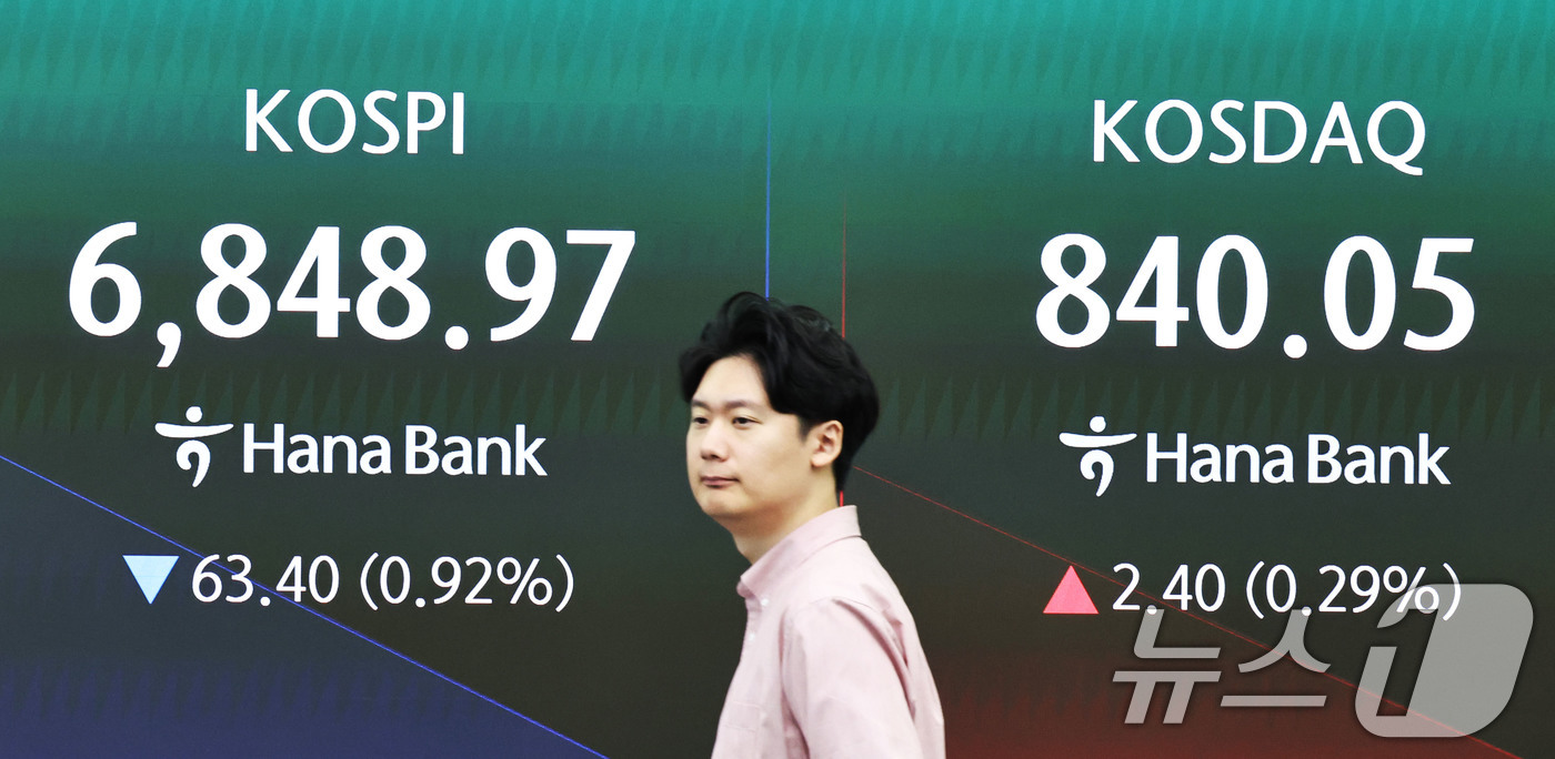 (서울=뉴스1) 이종수 기자 = 28일 오전 서울 중구 하나은행 딜링룸 전광판에 코스피 지수 등 시황이 표시되고 있다. 이날 코스피는 전 거래일(6912.37) 대비 0.95%(6 …