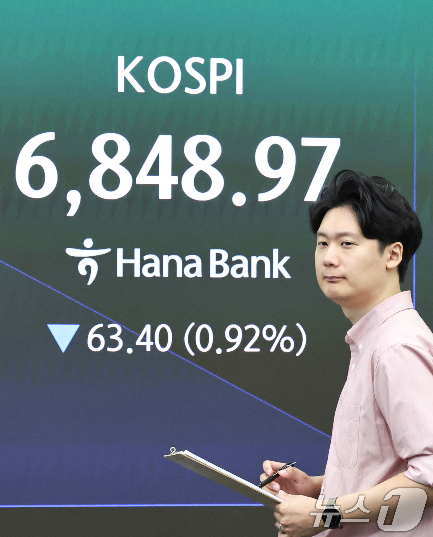 (서울=뉴스1) 이종수 기자 = 28일 오전 서울 중구 하나은행 딜링룸 전광판에 코스피 지수 등 시황이 표시되고 있다. 이날 코스피는 전 거래일(6912.37) 대비 0.95%(6 …