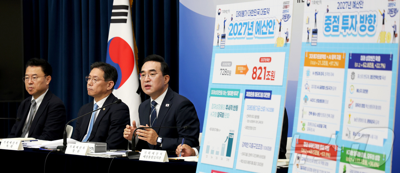 (세종=뉴스1) 김기남 기자 = 박홍근 기획예산처 장관이 지난달 28일 세종시 정부세종청사에서 2027년도 얘산안 상세 브리핑을 하고 있다. 2026.9.1/뉴스1