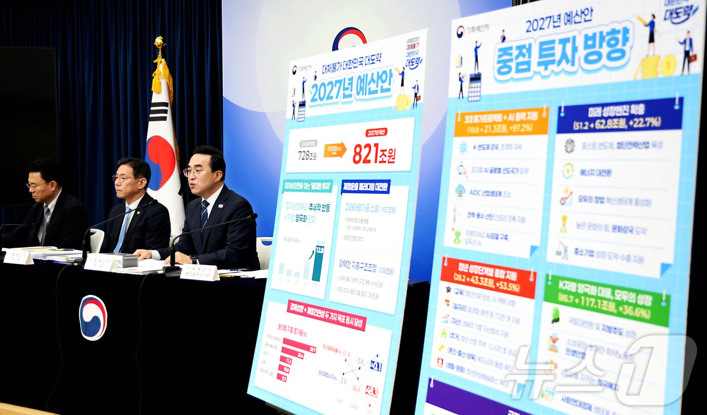 본문 이미지 - 박홍근 기획예산처 장관이 지난달 28일 세종시 정부세종청사에서 2027년도 얘산안 상세 브리핑을 하고 있다. 2026.9.1 ⓒ 뉴스1 김기남 기자