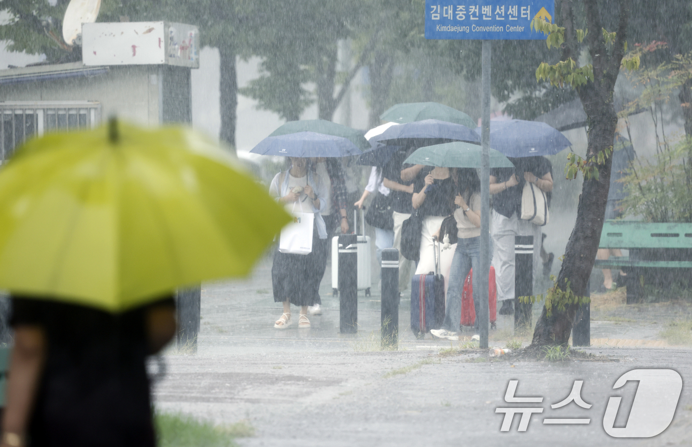 (광주=뉴스1) 김태성 기자 =  28일 전남광주통합특별시 서구 김대중컨벤션센터 앞에서 시민들이 우산으로 비를 피하며 발걸음을 재촉하고 있다. 2026.8.28/뉴스1