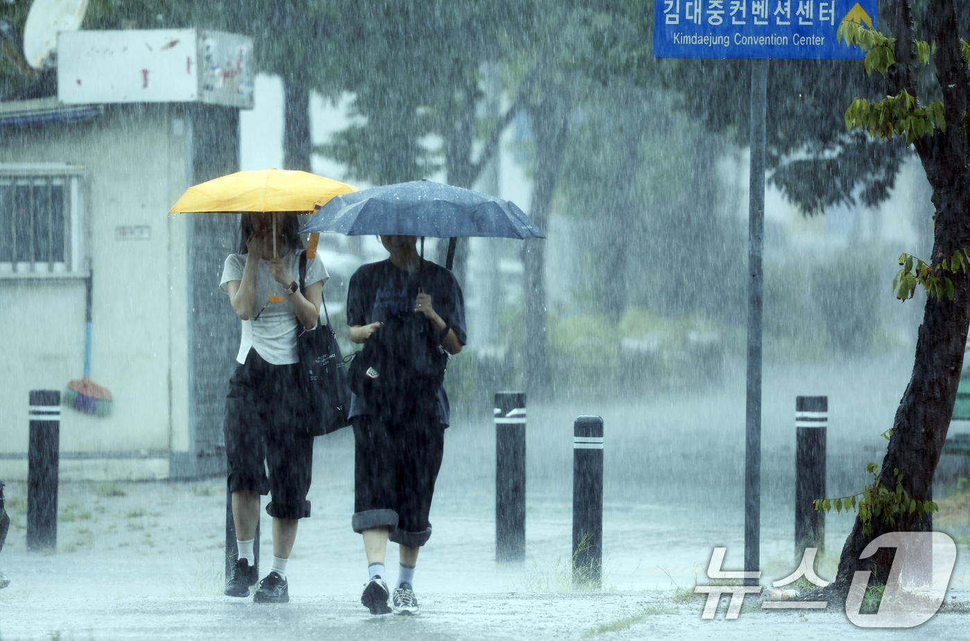 (광주=뉴스1) 김태성 기자 =  28일 전남광주통합특별시 서구 김대중컨벤션센터 앞에서 시민들이 우산으로 비를 피하며 발걸음을 재촉하고 있다. 2026.8.28/뉴스1