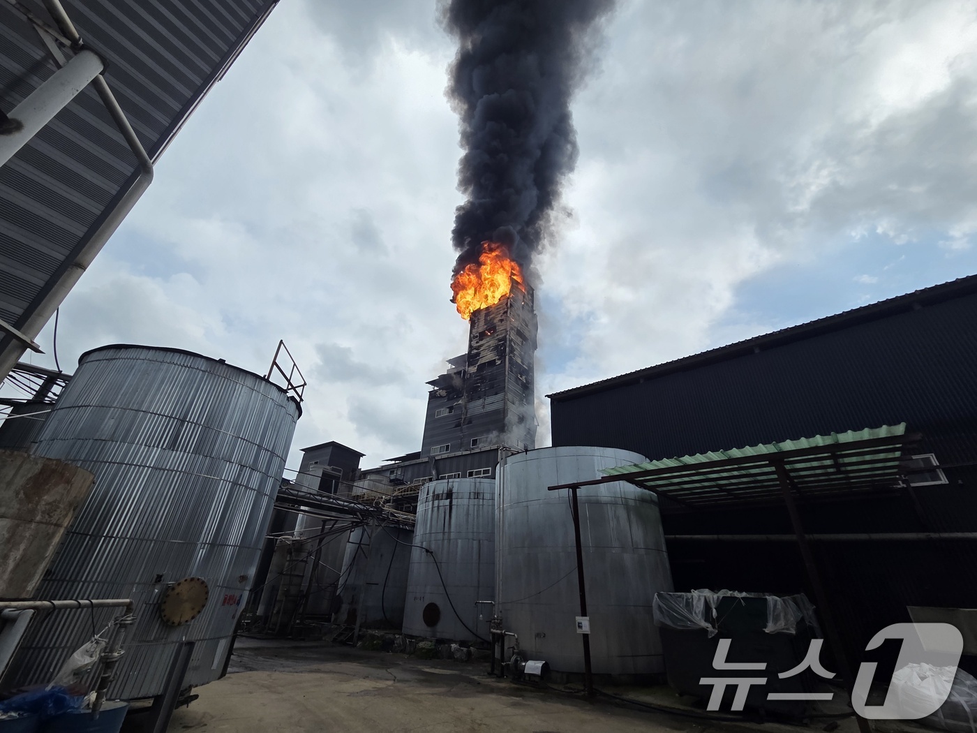 (서울=뉴스1) = 28일 오전 충남 천안 동남구 성남면의 한 페인트 원료 제조 공장에서 폭발과 함께 화재가 발생해 검은 연기가 피어오르고 있다.이 사고로 현재 3명의 사망자가 발 …