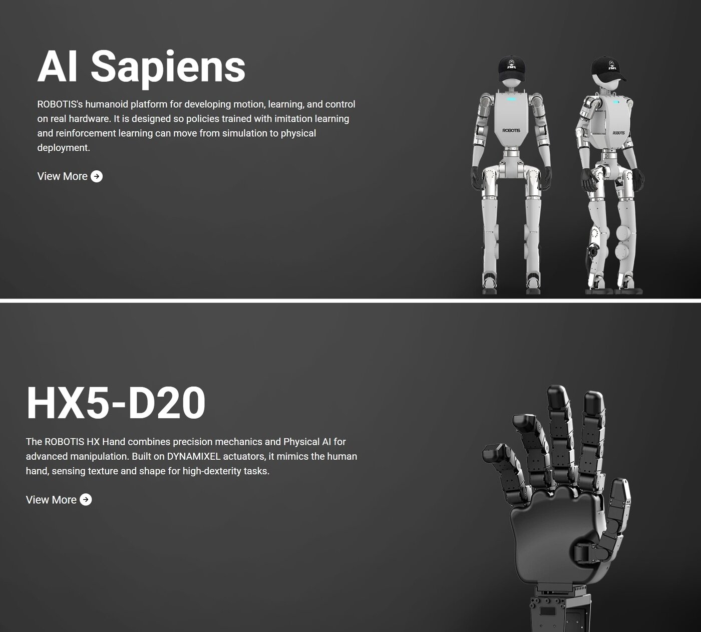 본문 이미지 - AI 사피엔스·휴머노이드 손 HX5-D20(로보티즈 홈페이지 갈무리)