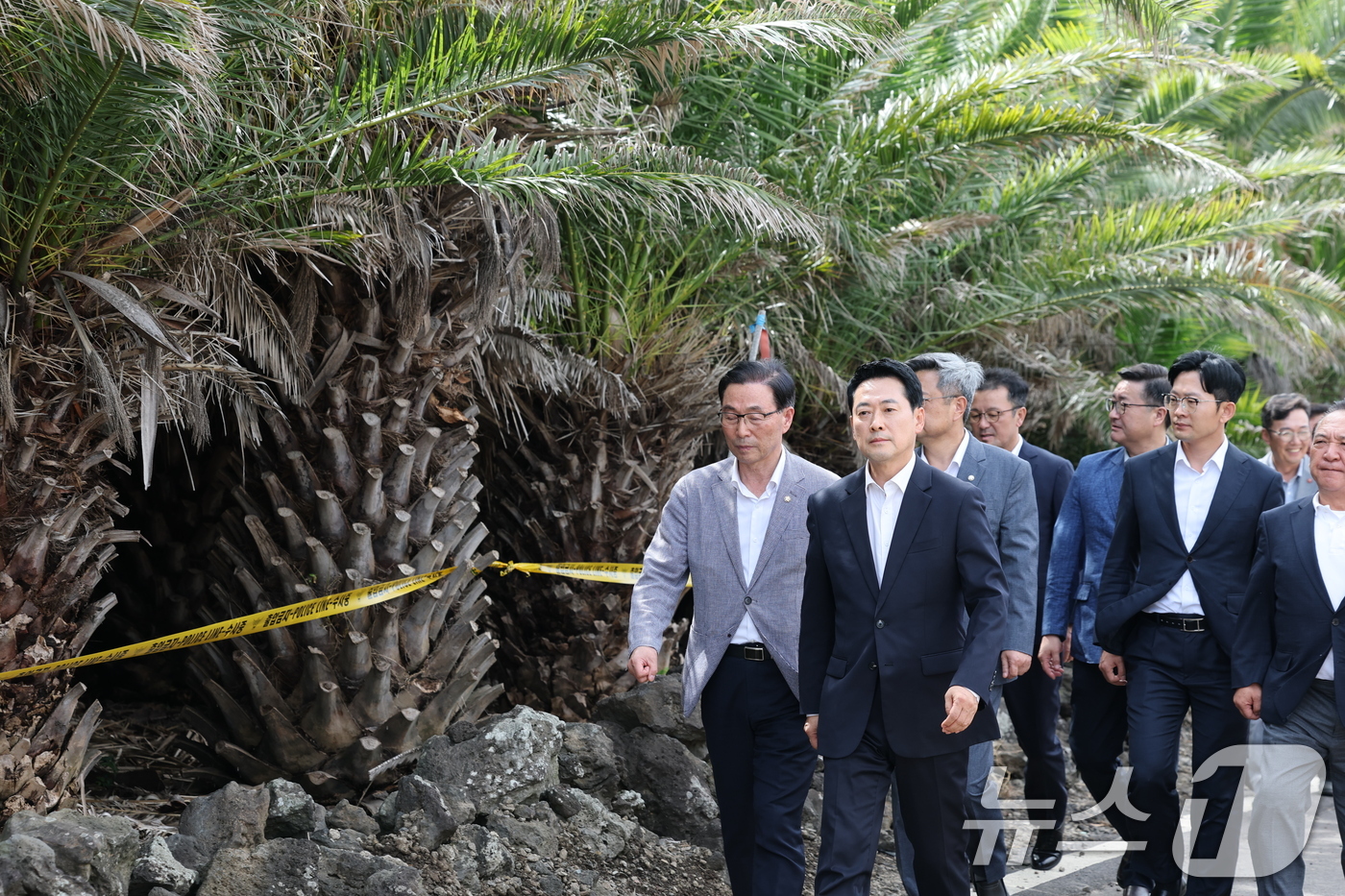 (제주=뉴스1) 안은나 기자 = 장동혁 국민의힘 대표가 28일 제주시 한림읍을 찾아 실종신고 허위 종결 사건 피해자 장 모씨의 시신이 발견된 야자수숲 현장을 살펴보고 있다. 202 …