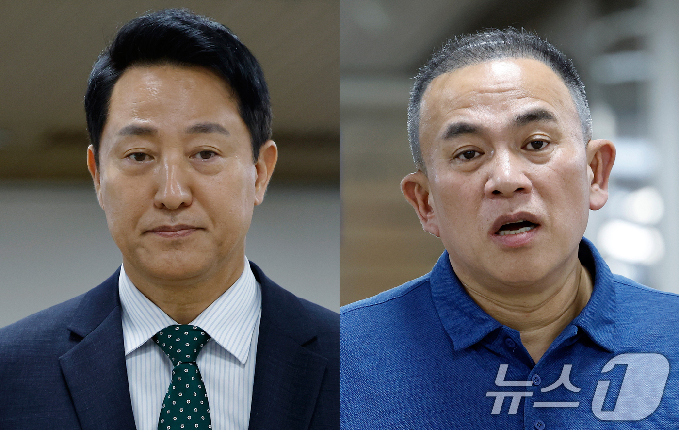 (서울=뉴스1) 박정호 기자 = 오세훈 서울시장(왼쪽)과 보석으로 풀려난 명태균 씨가 28일 오후 서울 서초구 서울중앙지방법원에서 열린 오 시장의 정치자금법위반 혐의 항소심 공판에 …