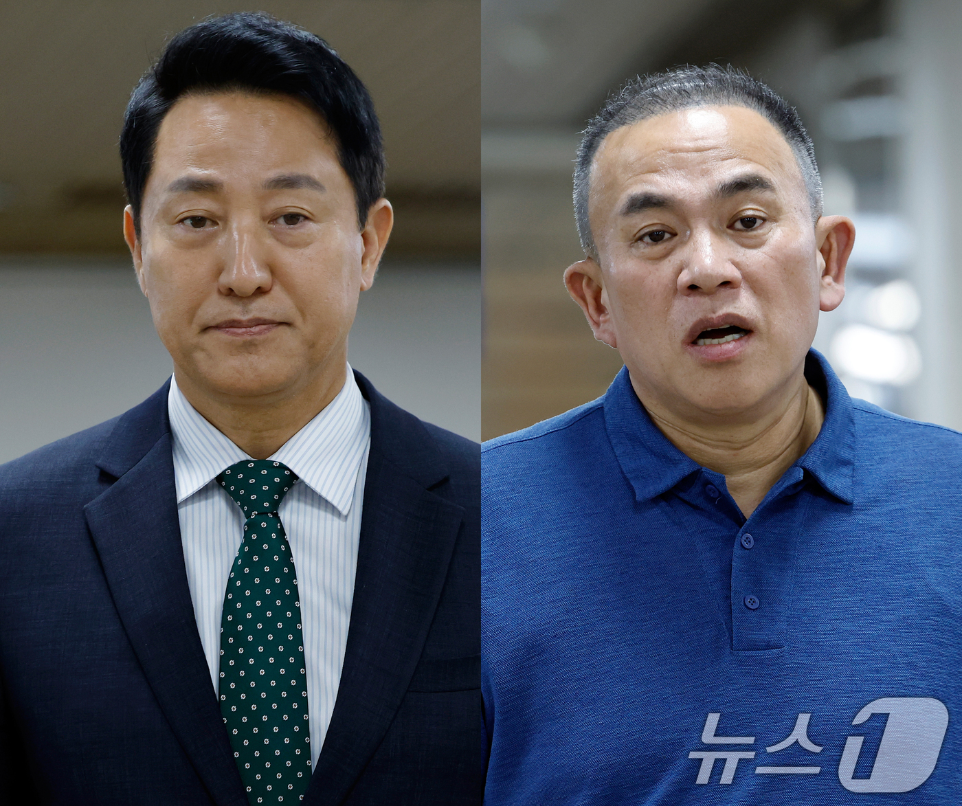 (서울=뉴스1) 박정호 기자 = 오세훈 서울시장(왼쪽)과 보석으로 풀려난 명태균 씨가 28일 오후 서울 서초구 서울중앙지방법원에서 열린 오 시장의 정치자금법위반 혐의 항소심 공판에 …