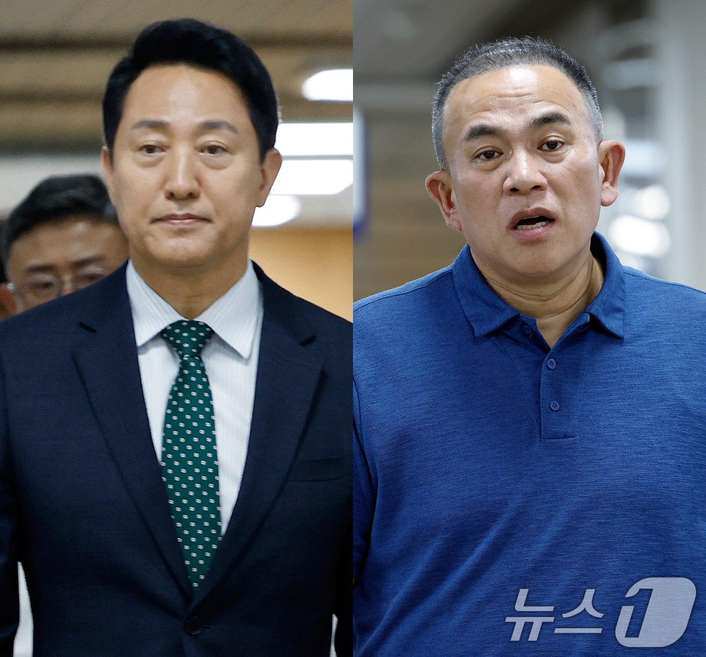 (서울=뉴스1) 박정호 기자 = 오세훈 서울시장(왼쪽)과 보석으로 풀려난 명태균 씨가 28일 오후 서울 서초구 서울중앙지방법원에서 열린 오 시장의 정치자금법위반 혐의 항소심 공판에 …