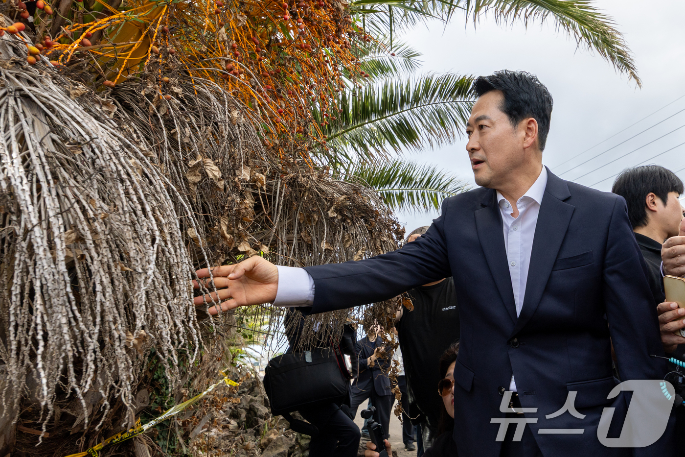 (제주=뉴스1) 안은나 기자 = 장동혁 국민의힘 대표가 28일 제주시 한림읍을 찾아 실종신고 허위 종결 사건 피해자 장 모씨의 시신이 발견된 야자수숲 현장을 살펴보고 있다. 202 …